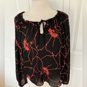 Parker  100% Silk Black/Orange Floral Print Peasant Blouse   XS